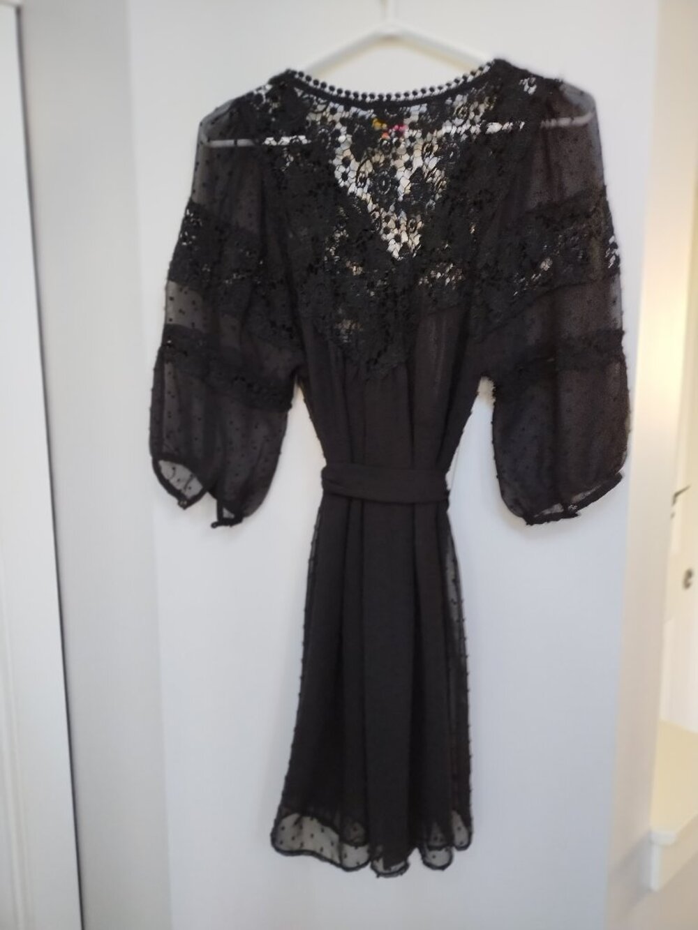 Handmade mini v neck 3/4 sleeve dress with crochet